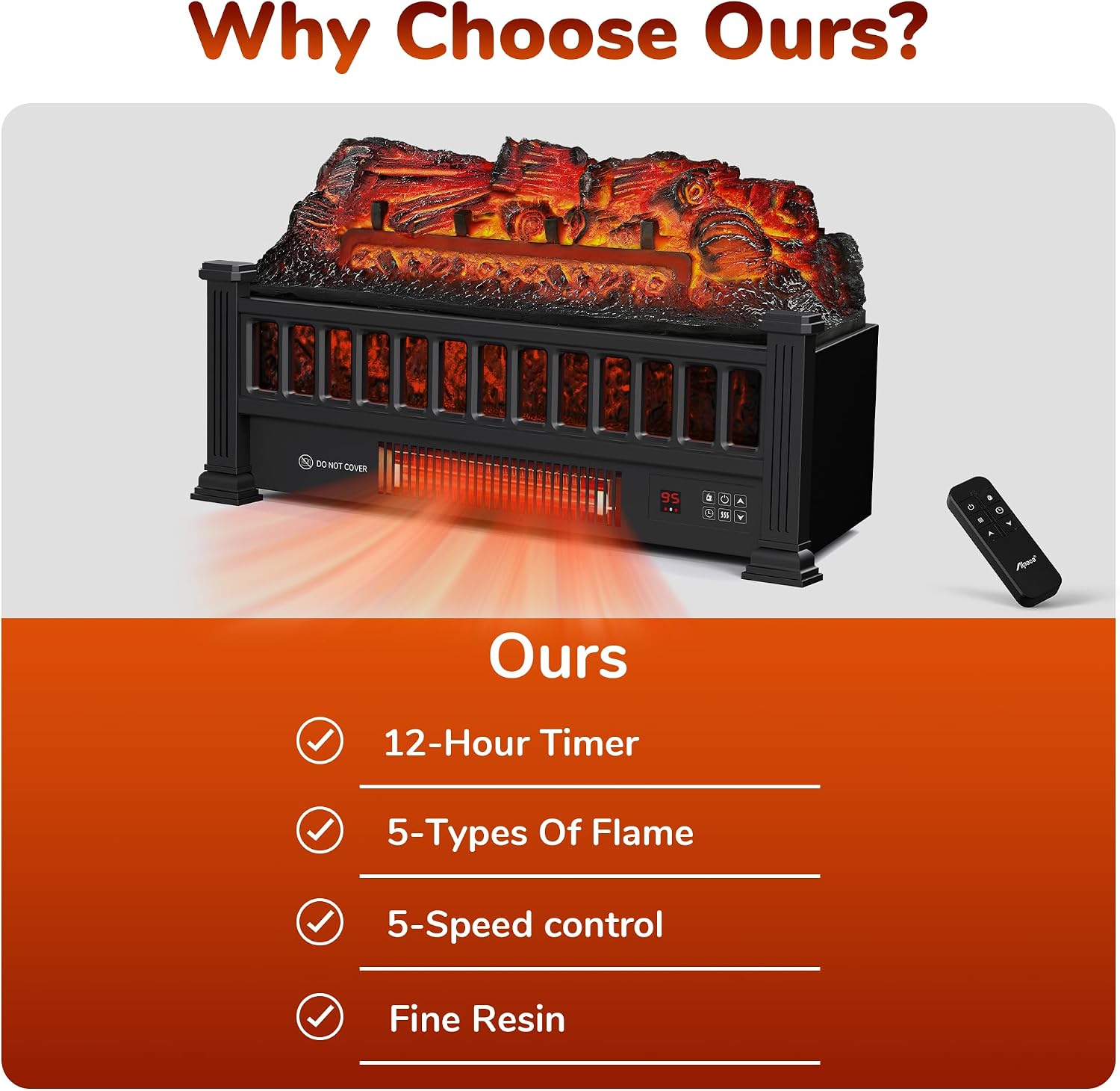 20" Electric Fireplace Logs Inserts Heater with Remote Control | 5 Adjustable Flame Colors & Speeds, Realistic Fake