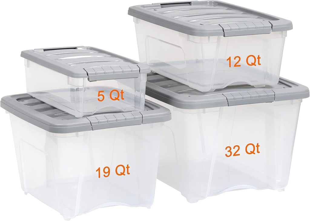 Plastic Storage Containers with Secure Latching Lids, Stackable Organization Bins, Clear/Grey, 12 Quart, Set of 6