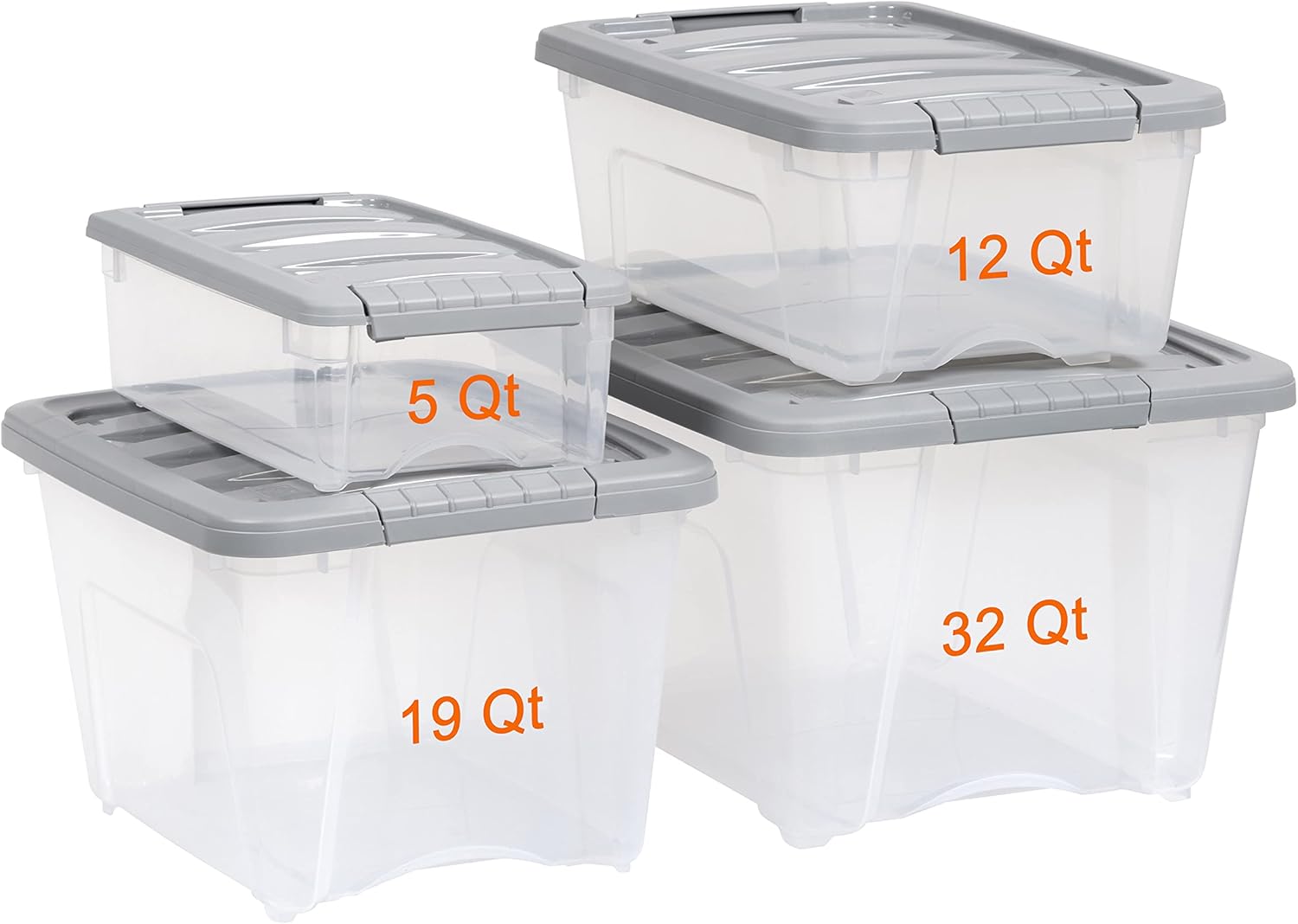 Plastic Storage Containers with Secure Latching Lids, Stackable Organization Bins, Clear/Grey, 12 Quart, Set of 6