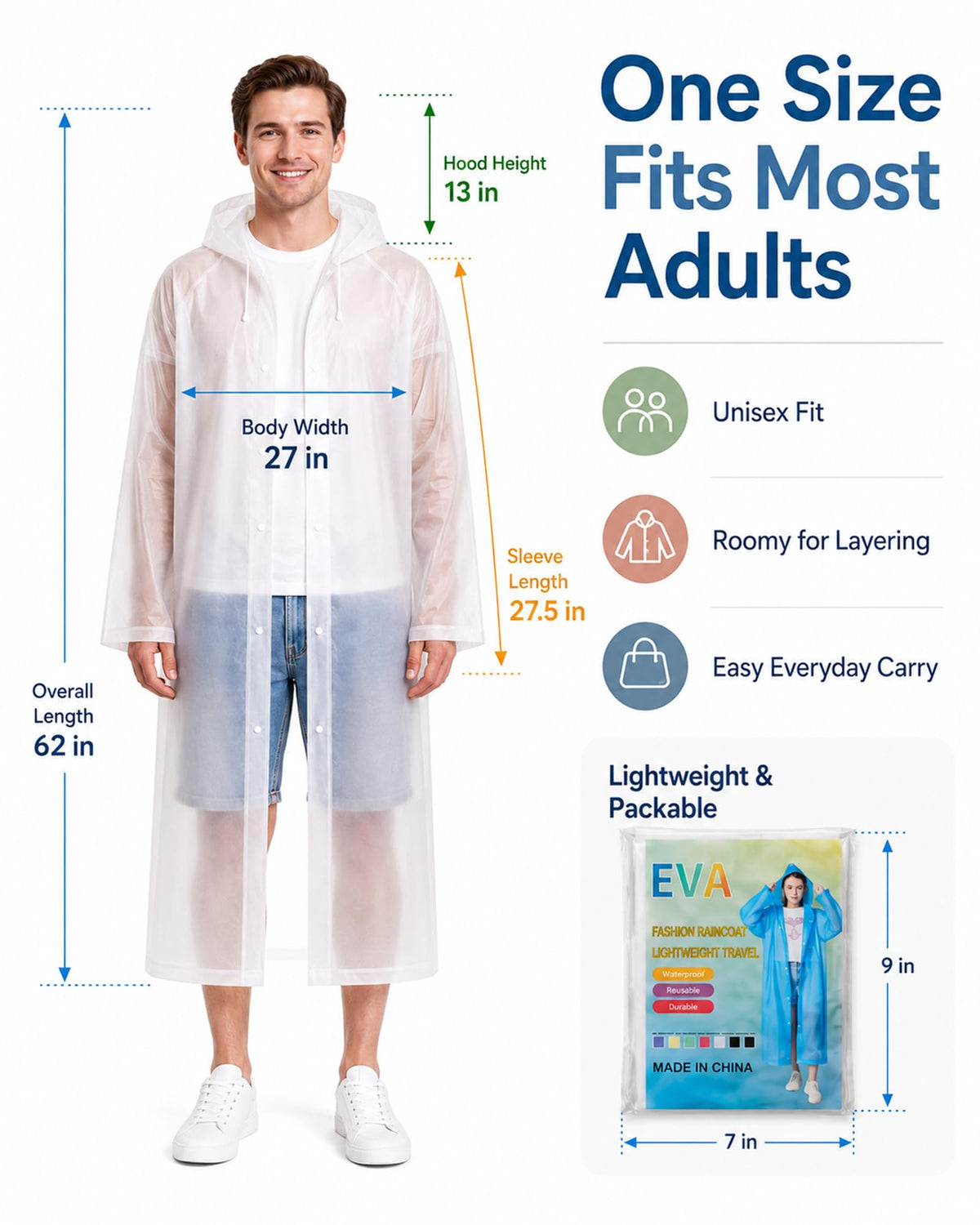 Rain Ponchos for Adults-4 Pack Reusable EVA Waterproof Rain Jackets, White