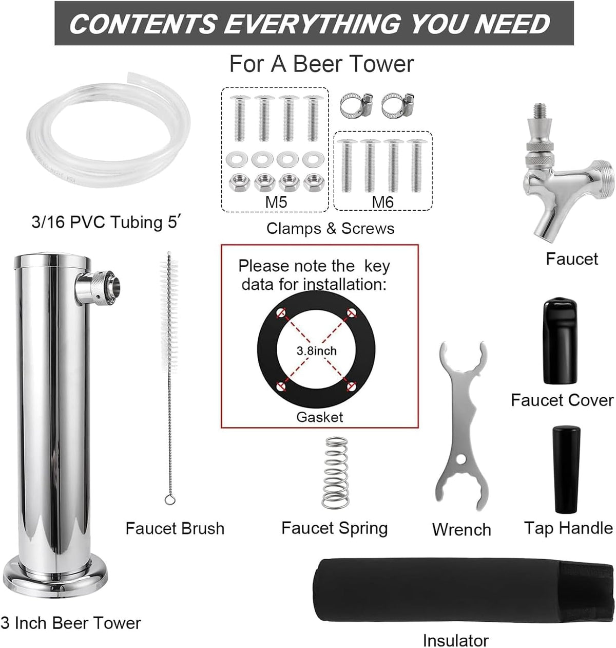 Single Kegerator Tap Tower, Stainless Steel Beer Tower Dispenser