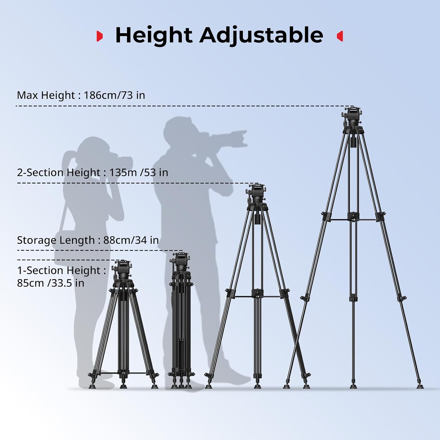 73''/186cm Heavy Duty Aluminum Alloy Video Tripod, Max Load 8kg (18lbs), Fluid Head with +85° to -78 Tilt Range