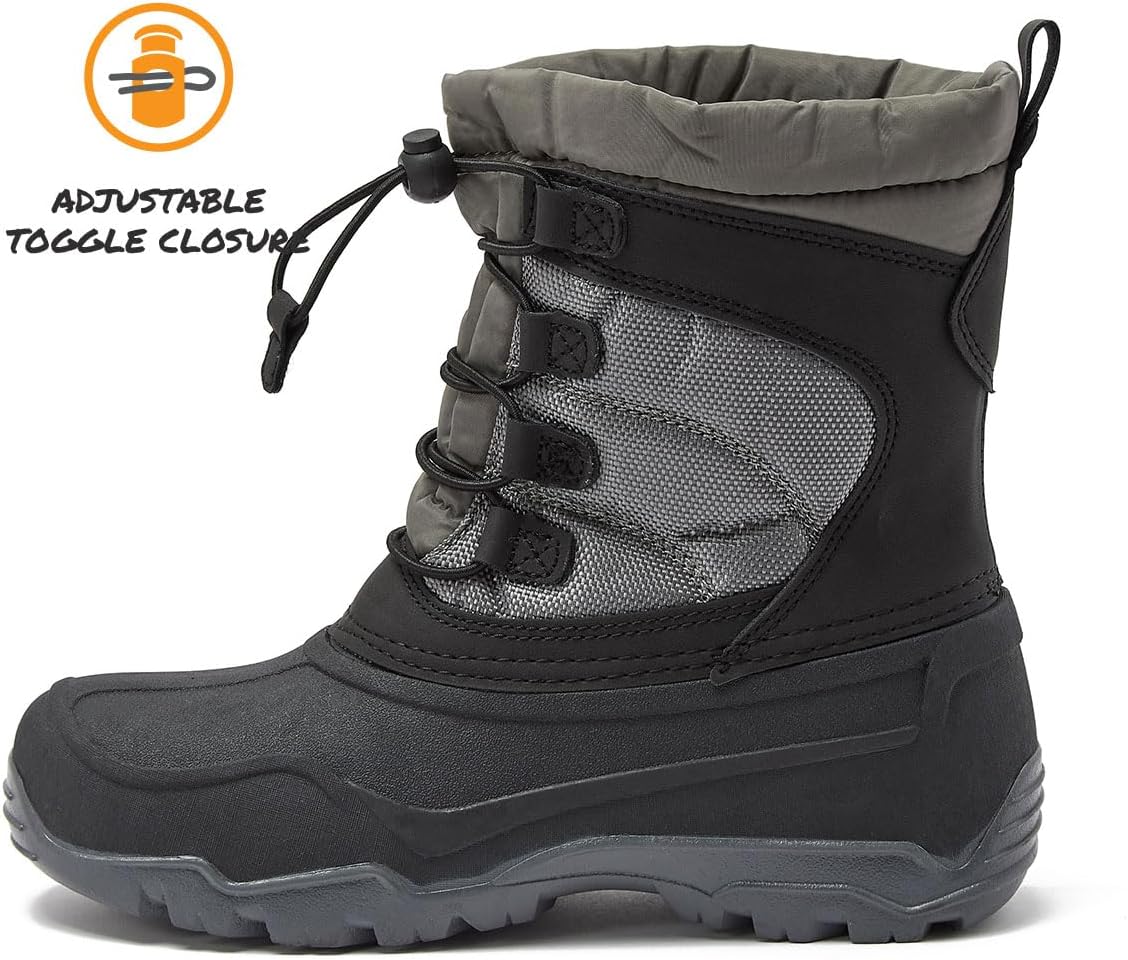 Kenji Snow Boots for Kids - Insulated Waterproof Winter Snow Boots for Boys and Girls - Black/Dark Grey