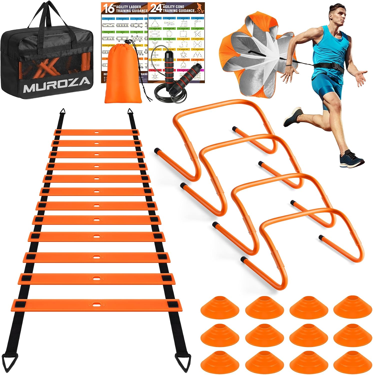 Agility Ladder, Agility Speed Training Equipment Set, 20ft Speed Ladder | 4 Hurdles, 12 Soccer Cones, Jump Rope