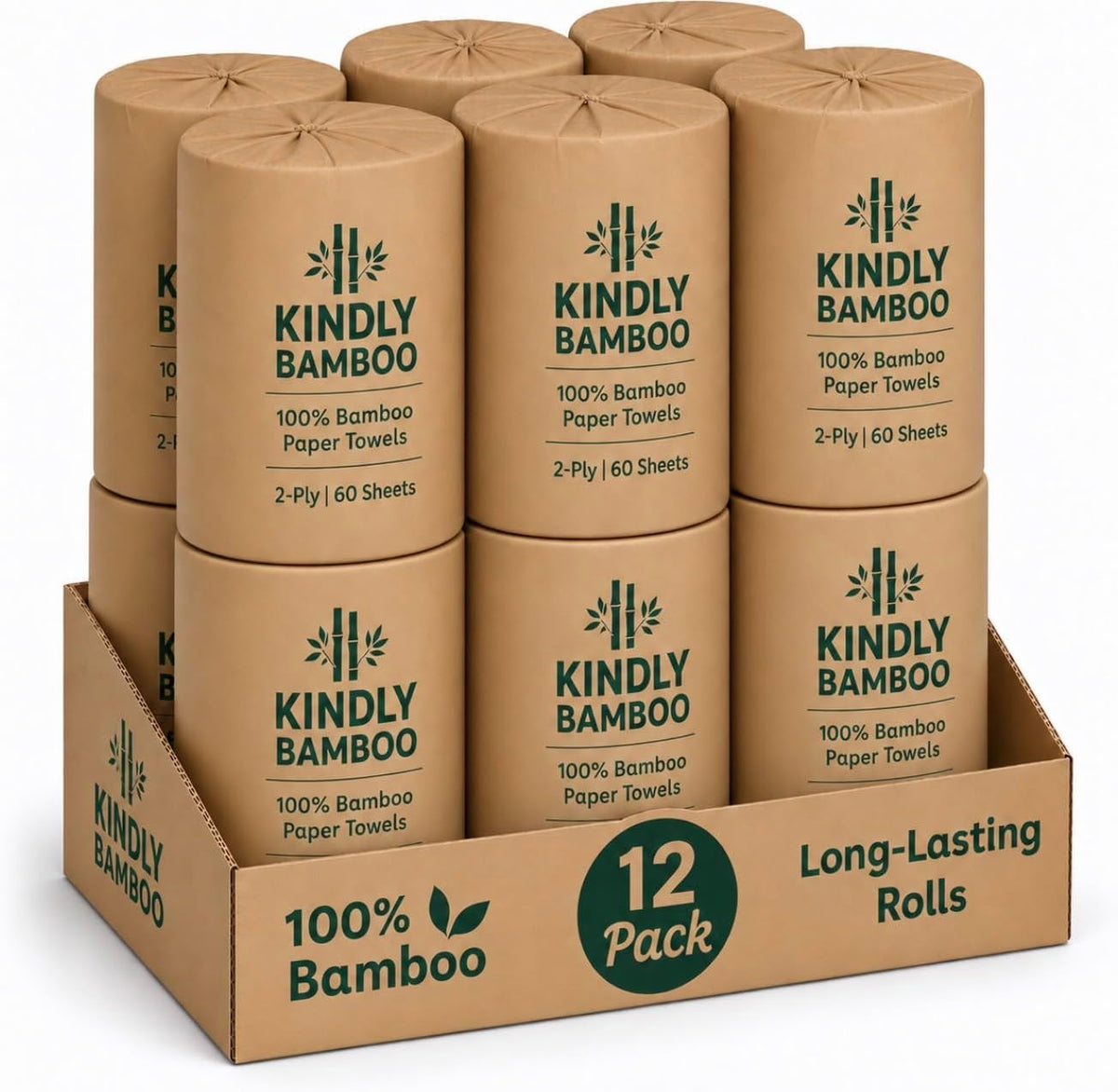 Premium 100% White Bamboo Paper Towels, Large Size Sheets, 12 Rolls