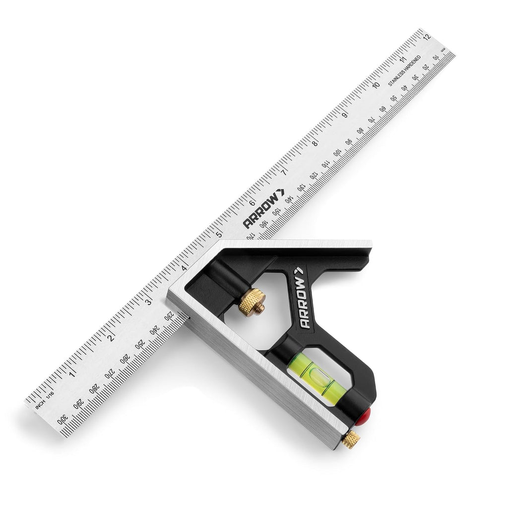 Arrow Combination Square, 12-Inch Combo Square with Bubble Level | Stainless Steel Ruler, Zinc Alloy Body, Carpenter