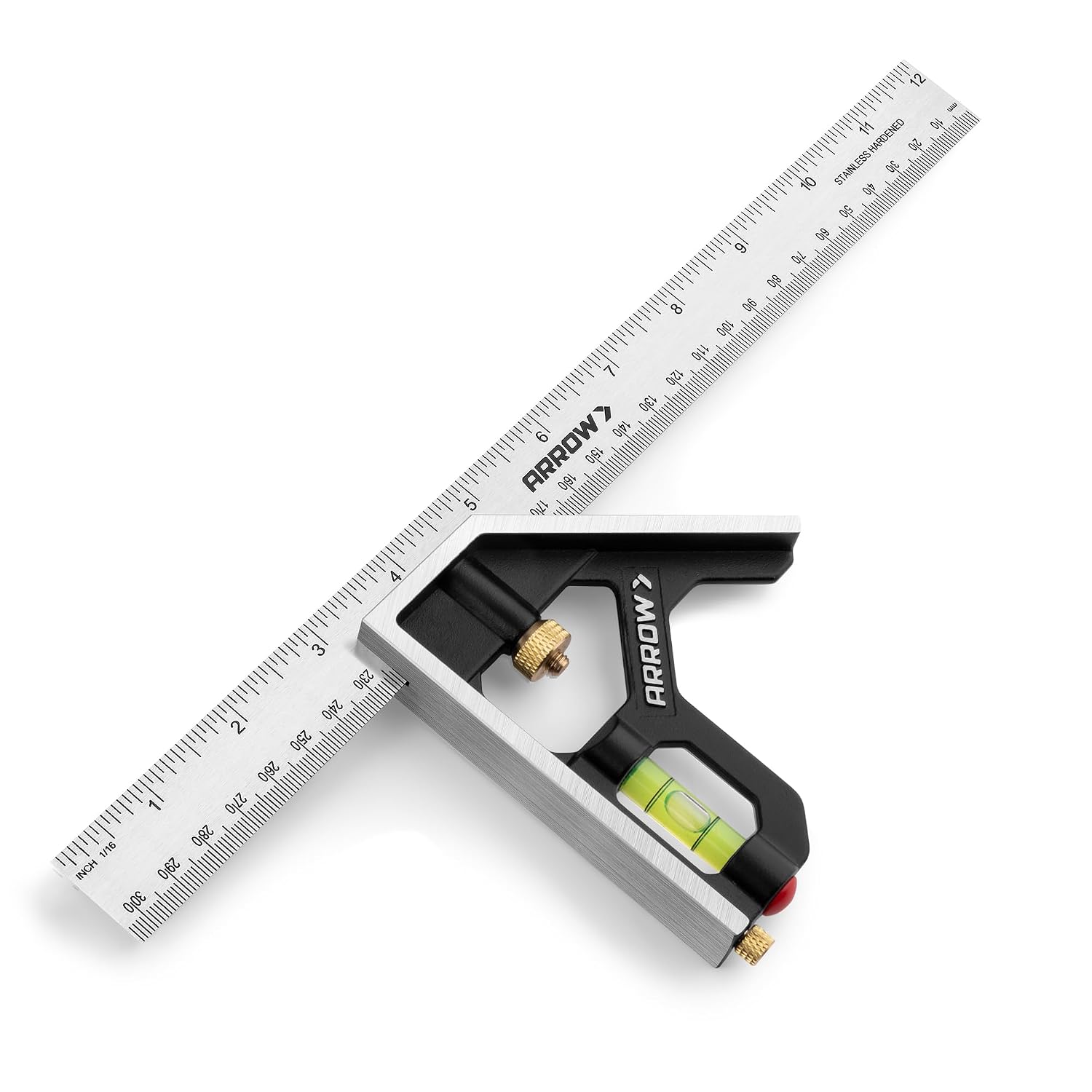 Arrow Combination Square, 12-Inch Combo Square with Bubble Level | Stainless Steel Ruler, Zinc Alloy Body, Carpenter