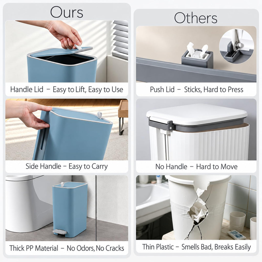 Small Bathroom Trash Can with Lid, 2.1 Gallon Slim Step Trash Can, Blue