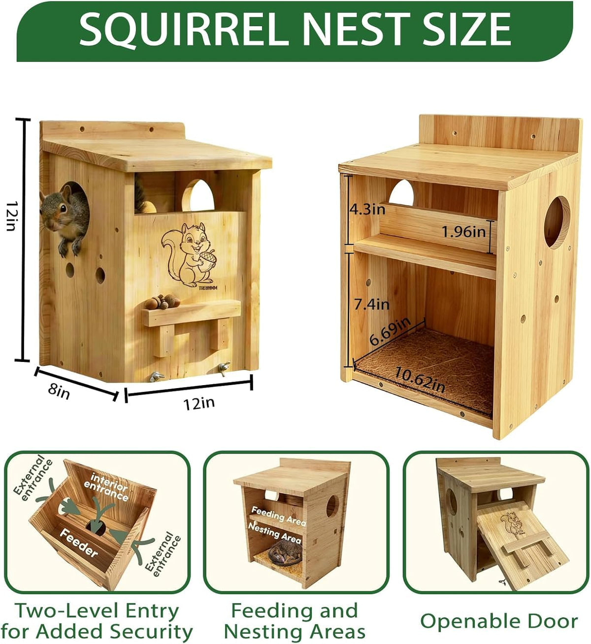Squirrel House with Feeder, 2-in-1 Weatherproof Pine Wooden Squirrel Houses for Outside Nesting, Large Squirrel Boxes