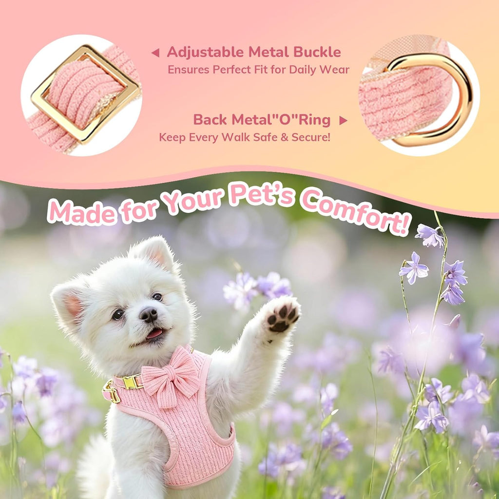 Small Dog Collar Harness and Leash Set, Dog Harness no Pull with Bowtie, Breathable Cotton Adjustable Pet Puppy