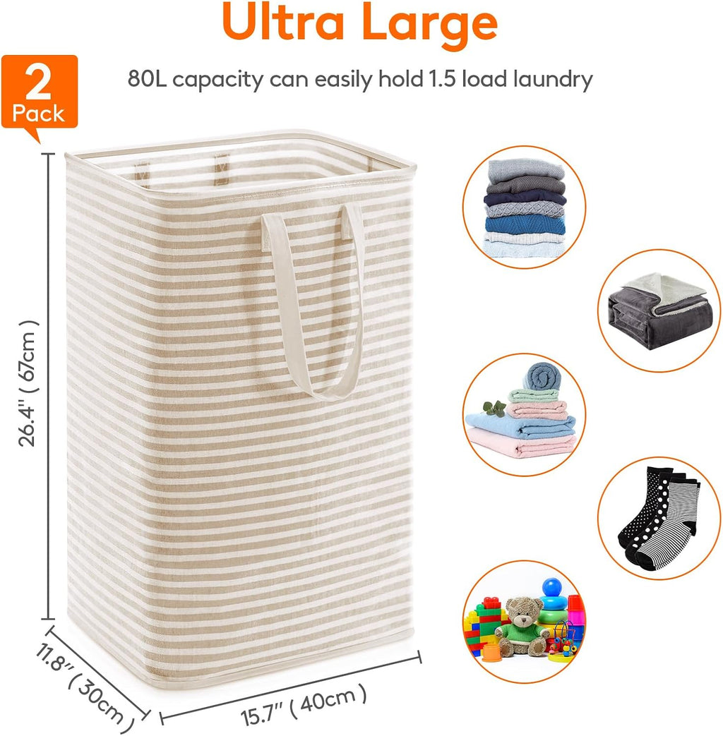 2 Pack Laundry Basket 80L Each, Collapsible Clothes Hamper with Reinforced Handles, Freestanding Waterproof Design