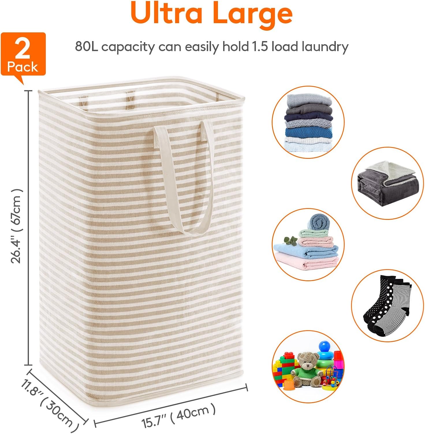 2 Pack Laundry Basket 80L Each, Collapsible Clothes Hamper with Reinforced Handles, Freestanding Waterproof Design