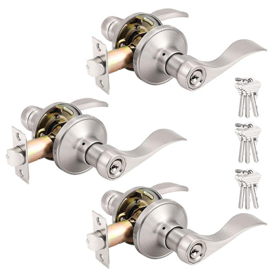 3 Pack Satin Nickel Keyed Alike Entry Levers, One Keyway Entrance Handles Entry Locksets with Same Keys, Reversible for Right Left Handed Doors