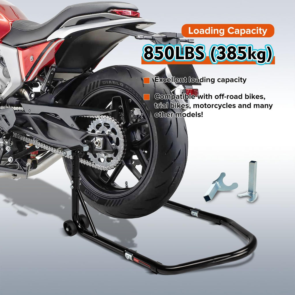Motorcycle Stand 850LB Adjustable Sport Bike Rear Wheel Lift Swingarm Paddock Stands Black, 5 Adjustable Heights, U+L