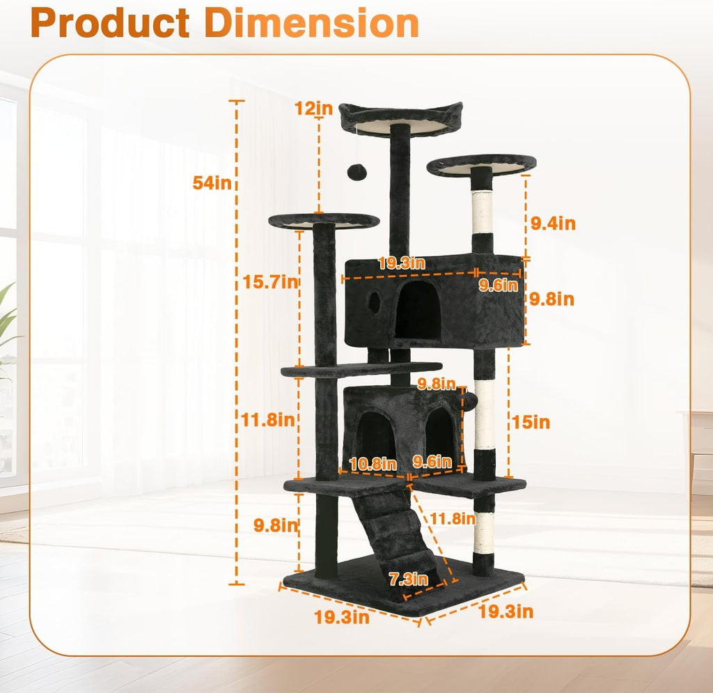 54" Cat Tree Tower | Dark Gray | Multi-Level Indoor Activity Center with Sisal Scratching Posts, Condos, Plush