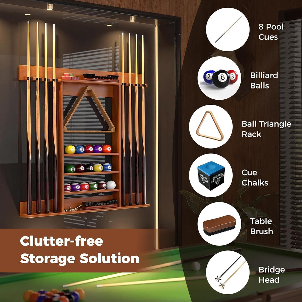Pool Cue Rack, Wall Mounted Billiard Stick Holder, Made of Solid Pine Wood, Holds 8 Cues & Full Ball Set & 1 Ball