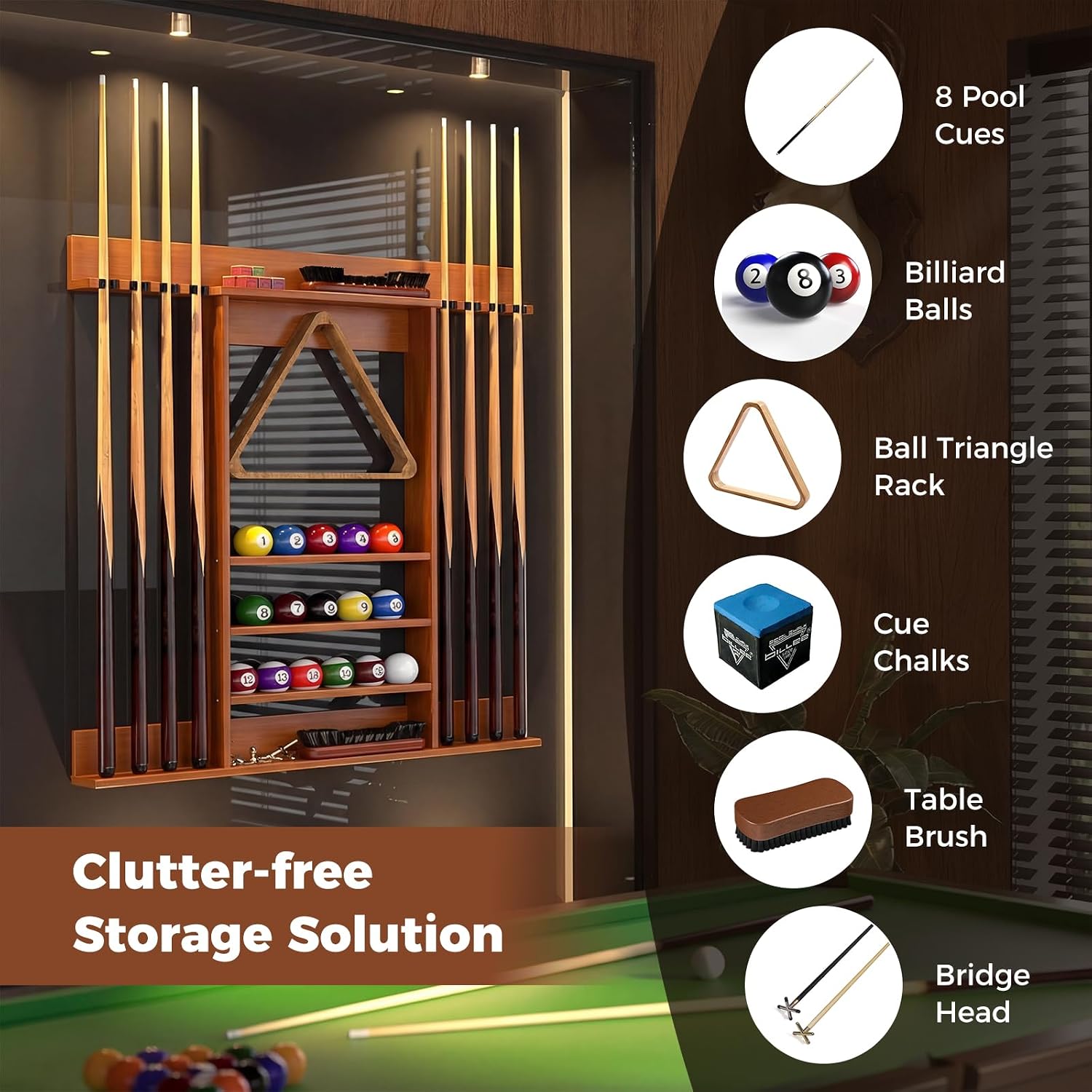 Pool Cue Rack, Wall Mounted Billiard Stick Holder, Made of Solid Pine Wood, Holds 8 Cues & Full Ball Set & 1 Ball