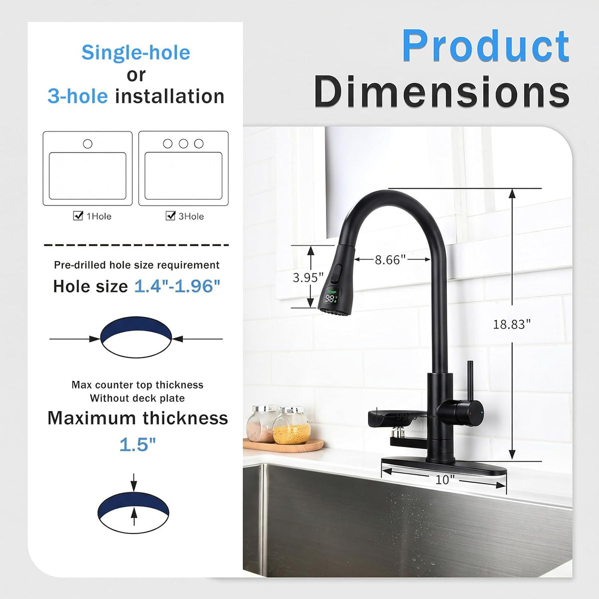 Pull Down Kitchen Faucet with Glass Rinser & Temp Display, Matte Black