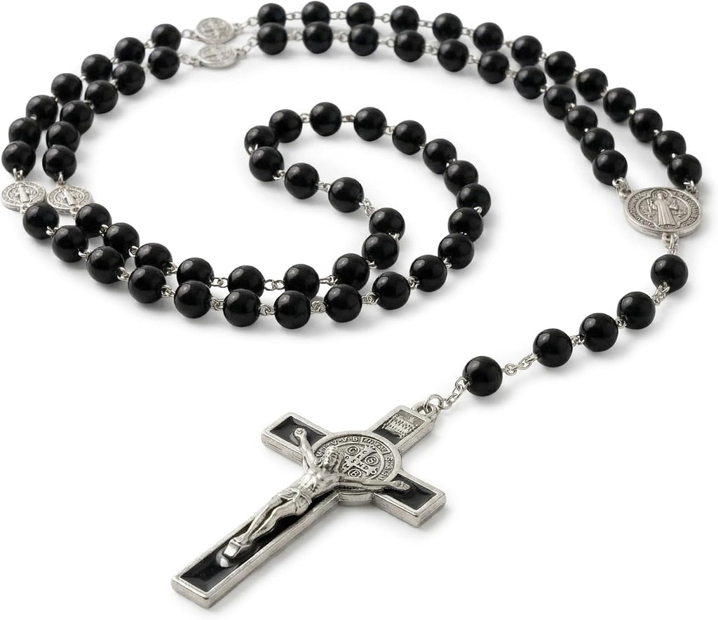Rosary Beads Catholic for Women - Rosary Necklace for Women with Pearl Beads - Medal Cross Saint Benedict Rosary for