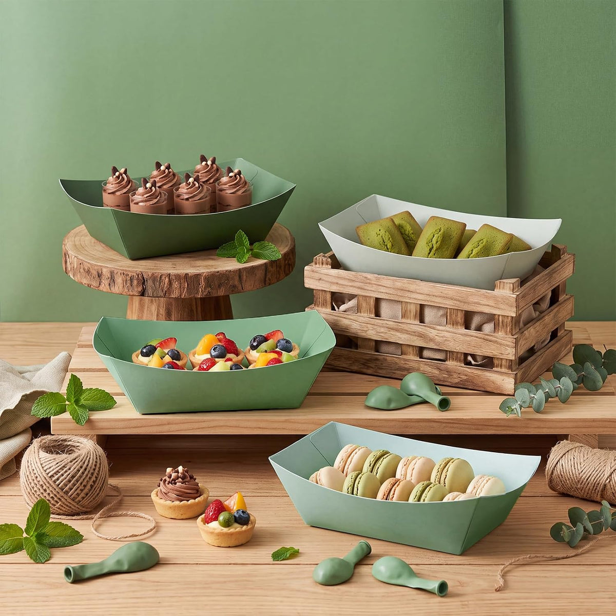 120 Pack 2lb Party Paper Food Boat Trays, Gradient Sage Green