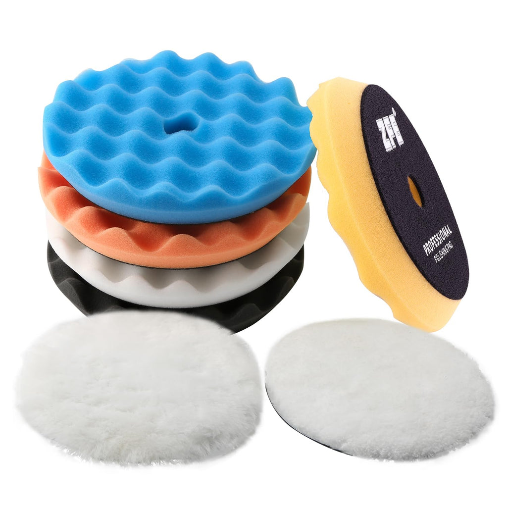 Buffing Polishing Pads, ZFE 7Pcs 6"(150mm) Waffle Foam Buffing Pads Polishing Pads Wool Pad Kit for 6Inch Backing