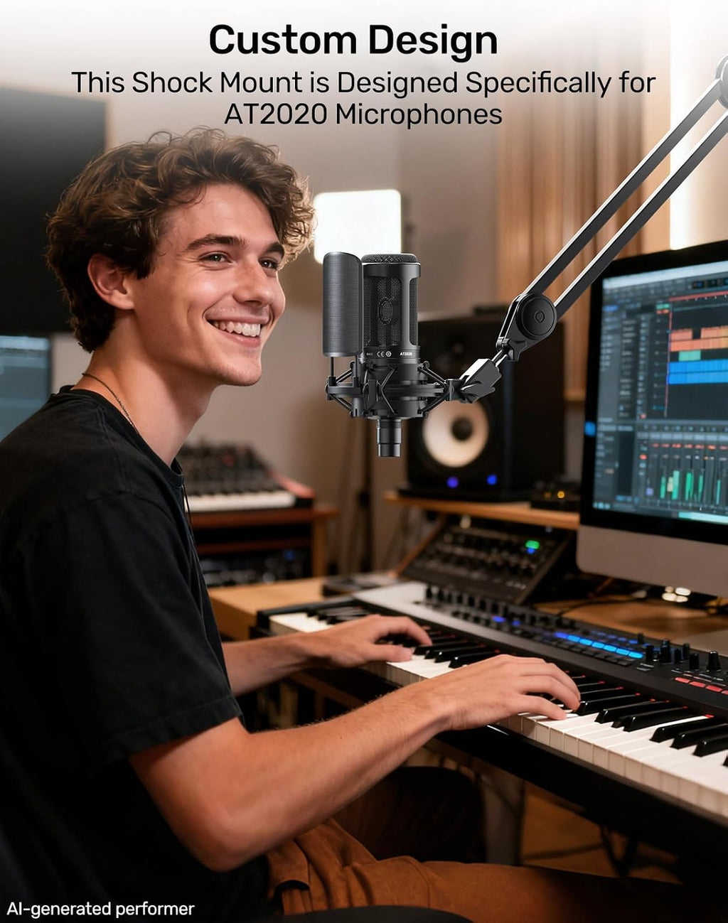 AT2020 Microphone Shock Mount with Metal Pop Filter, Custom Built | Metal Pop Filter & Anti-Vibration Suspension