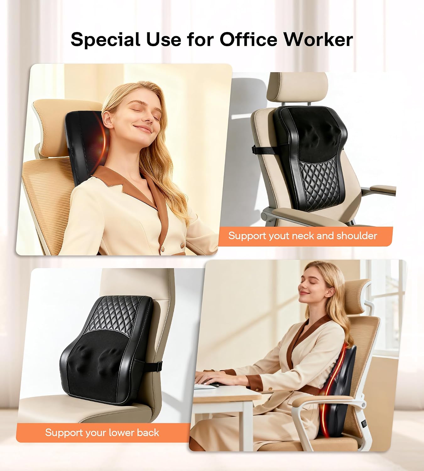 Heated Back Massager for Back Pain Relief, Deep Tissue Shiatsu Lumbar Support Pillow with 3 Massage Modes, 3
