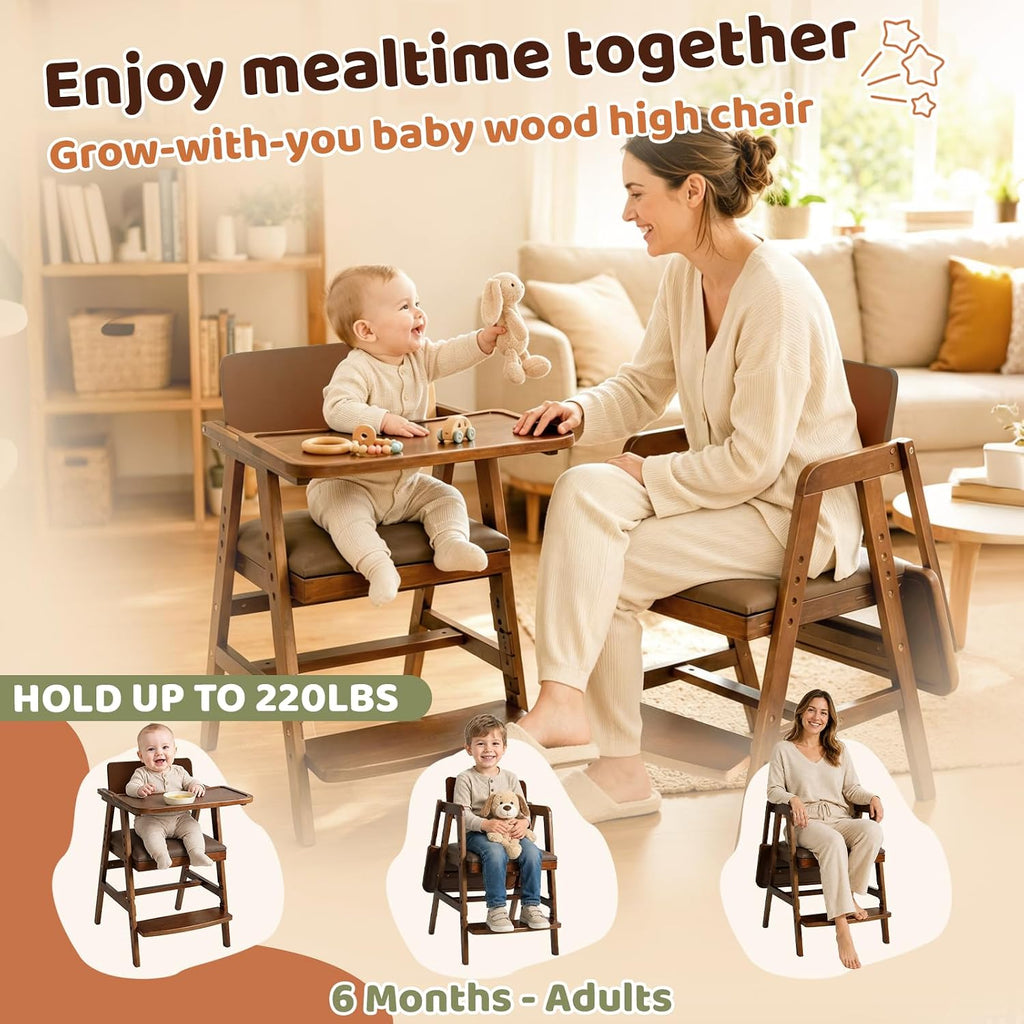 3-in-1 Wooden High Chair with Steps & Adjustable Tray for Baby Toddler