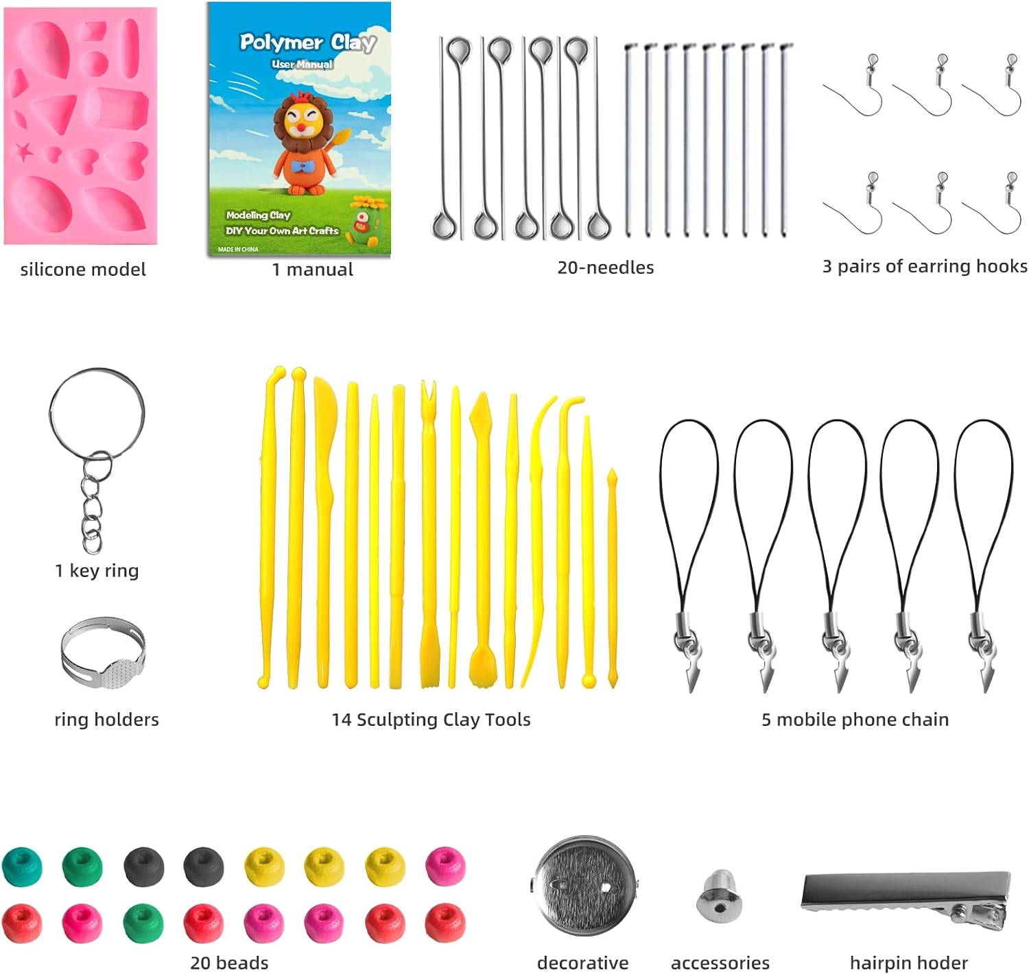 51-Color Polymer Clay Oven Bake Modeling Kit | 14 sculpting tools, 2-layer storage box, silicone mold, acc. pack