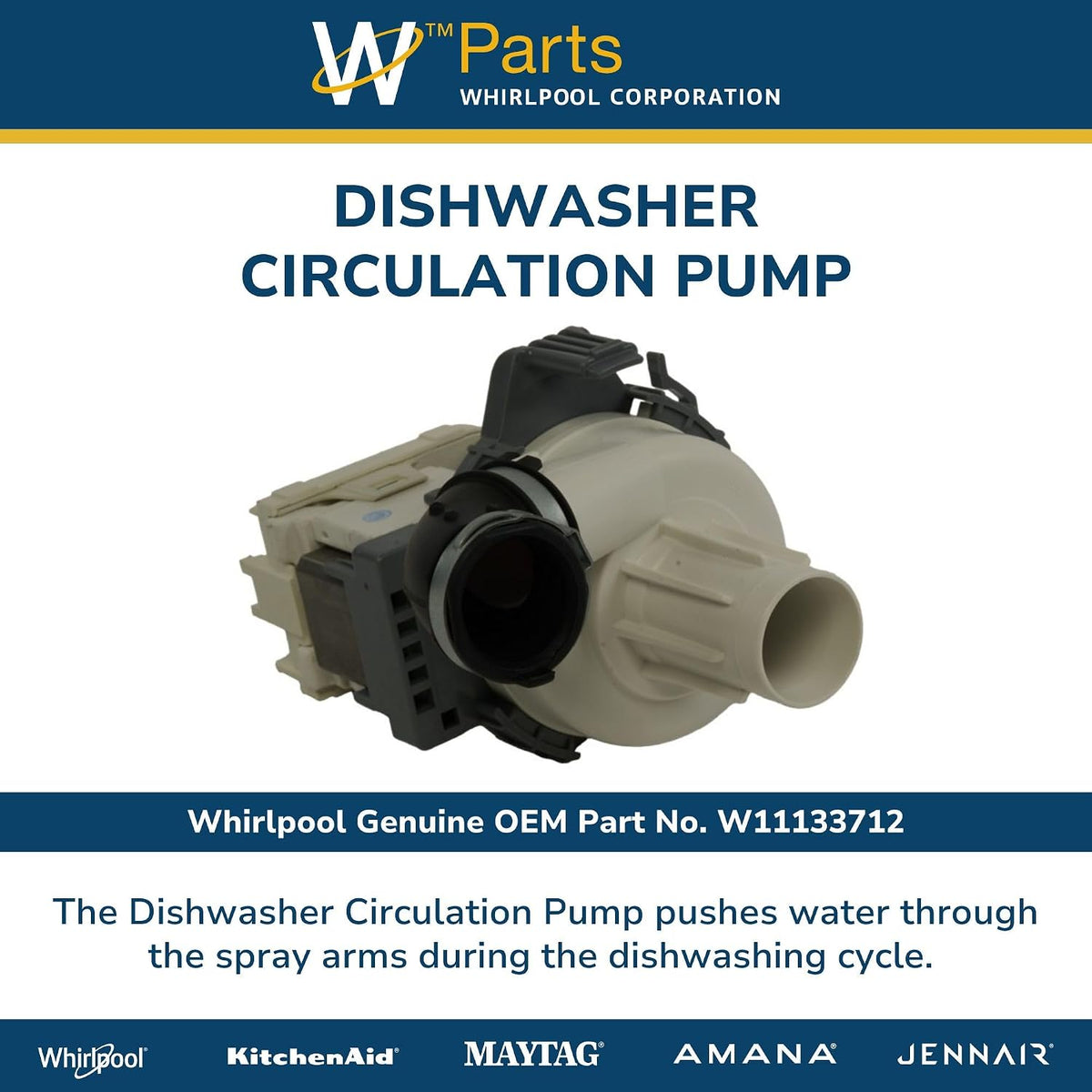 Whirlpool W11133712 Genuine OEM Dishwasher Circulation Pump Replacement Part - Replaces W10315894, W10529161, W10440714, WPW10529161, W10916076, W10885539, W10816489, and WPW10510666