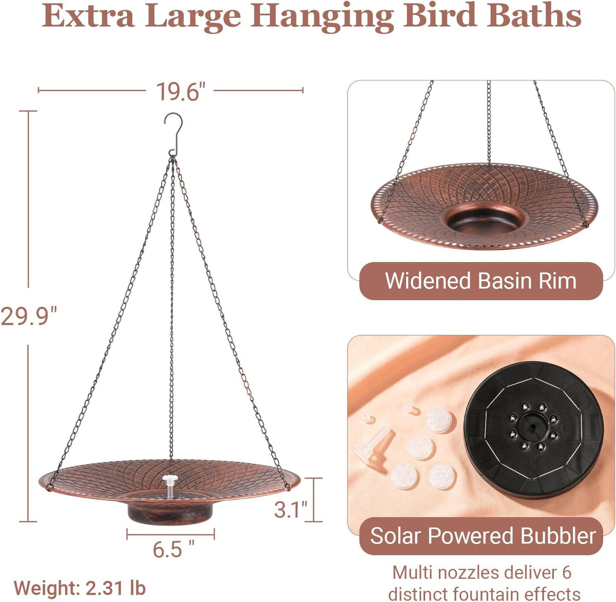 19.6" Large Bird Bath with Solar Fountain, LED & Battery Hanging Birdbath
