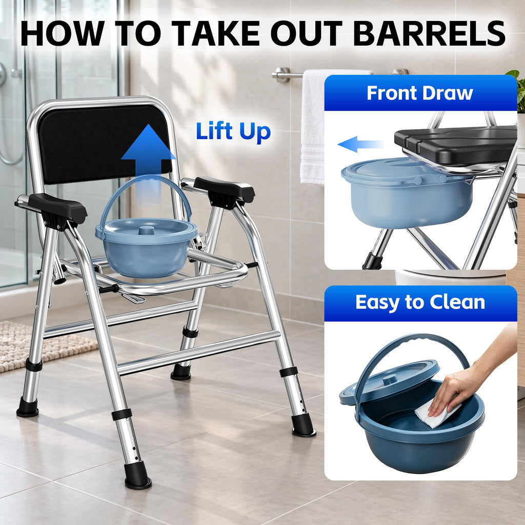4 in 1 Folding Bedside Commode Chair for Elderly, Padded Seat & Backrest