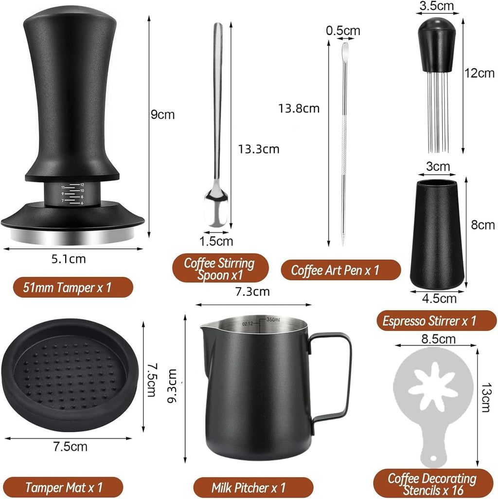 51mmCoffee Tamper Set 22PCS Espresso Accessories Kit | with Frothing Pitcher，WDT Tool，Stirrer，Tamper Mat ，Coffee