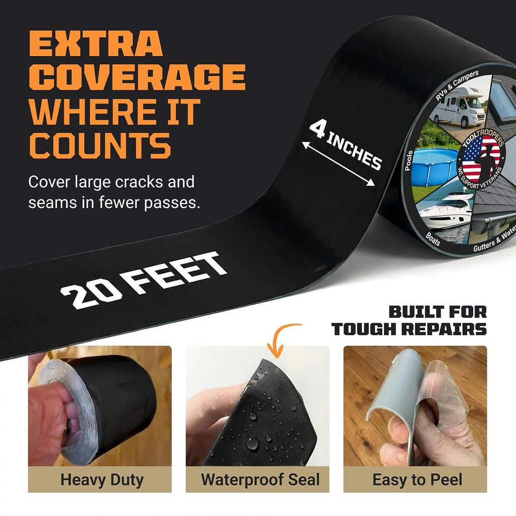TITANPATCH PRO Waterproof Sealant Tape – Black 4" x20' – Stops Leaks Fast & Stays Sealed for 15+ Years – Sticks to