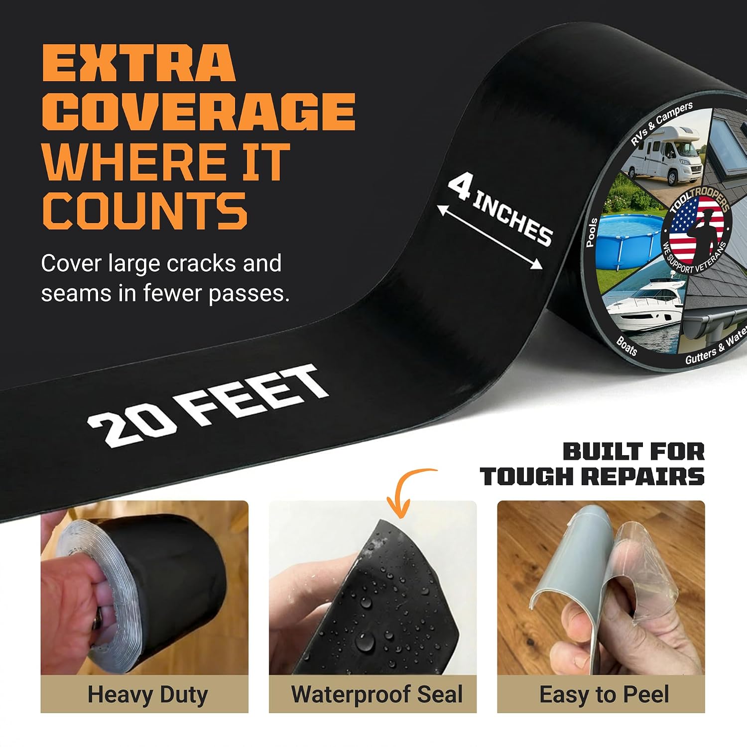 TITANPATCH PRO Waterproof Sealant Tape – Black 4" x20' – Stops Leaks Fast & Stays Sealed for 15+ Years – Sticks to