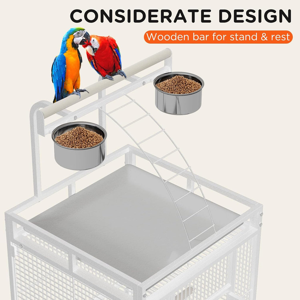 60 Inch White Parrot Cage with Play Top & 4 Feeder Bowls | Wrought Iron Large Bird Cage with Rolling Stand for