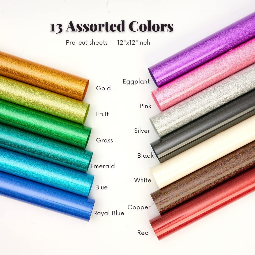 Glitter HTV Heat Transfer Vinyl 12"x12" Bundle 13 Sheets Iron on Vinyl for T-Shirts Gifts Design(Assorted)