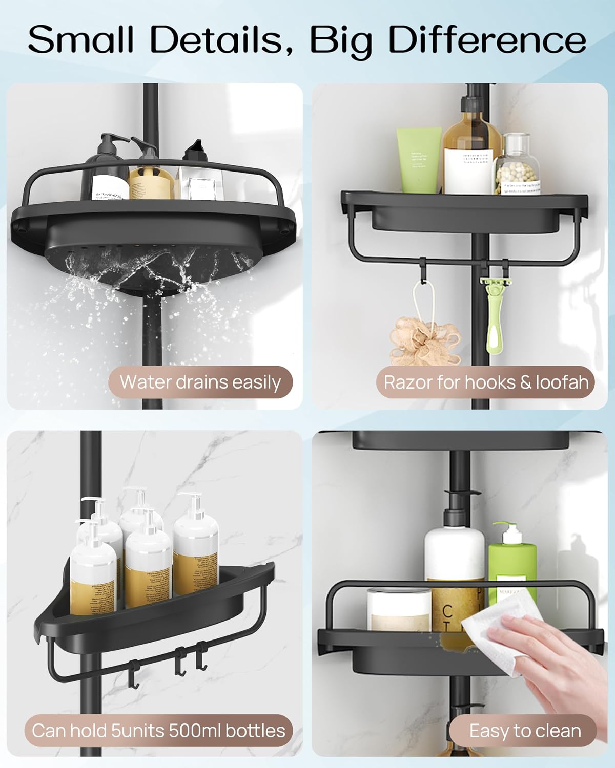 Corner Shower Caddy Tension Pole, Extendable Rustproof Stainless Steel Pole & 4-Tier Adjustable Shelves for Easy