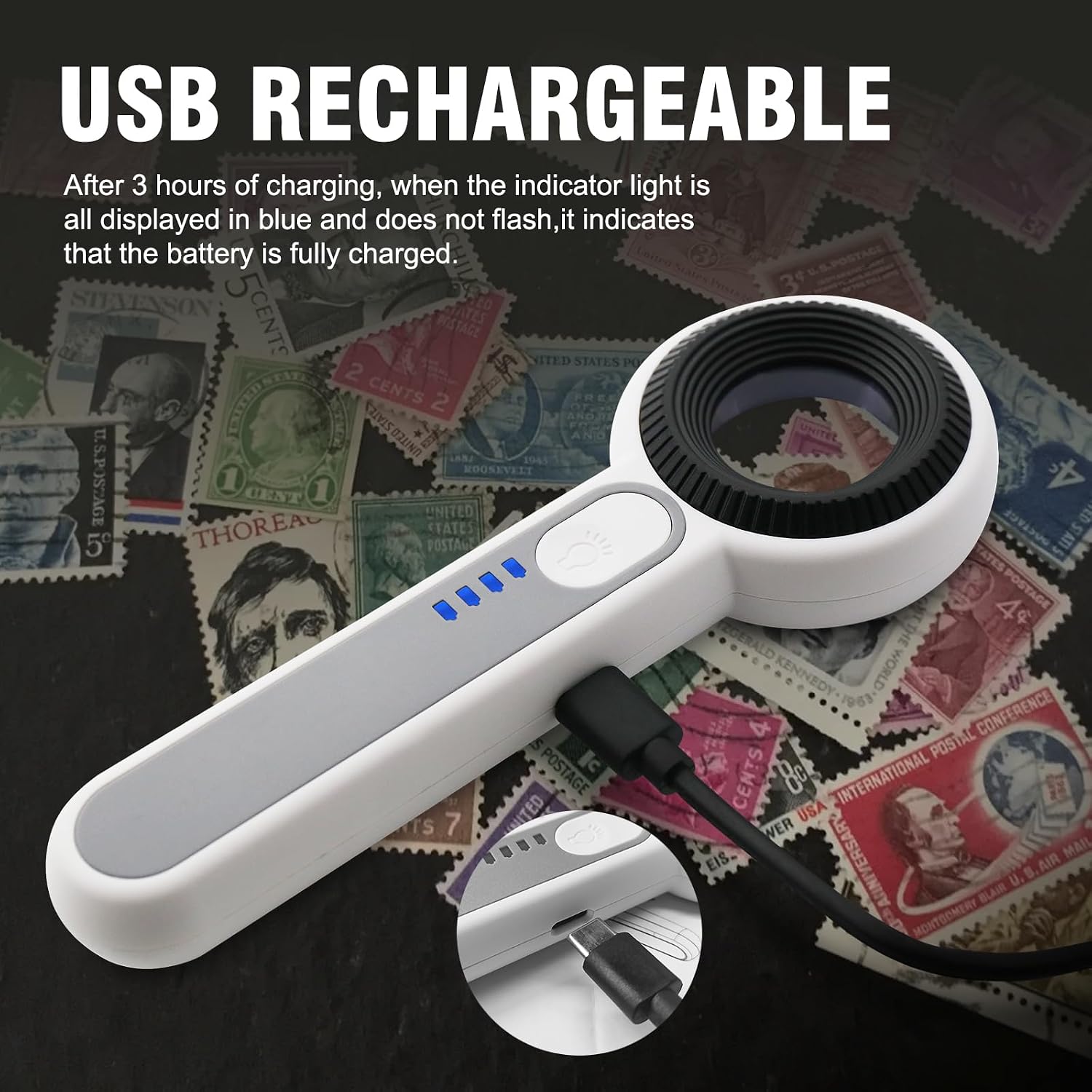 60X Handheld Magnifier with UV&LED Lights Jeweler Loups Magnifying Glass with 30mm Optical Lens, Touch Button