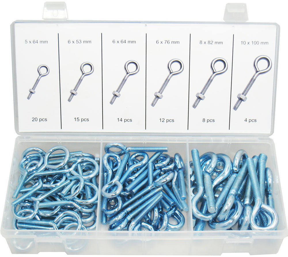 32161-73pc Eye Bolt Screw with Nut Assortment, 6 Sizes