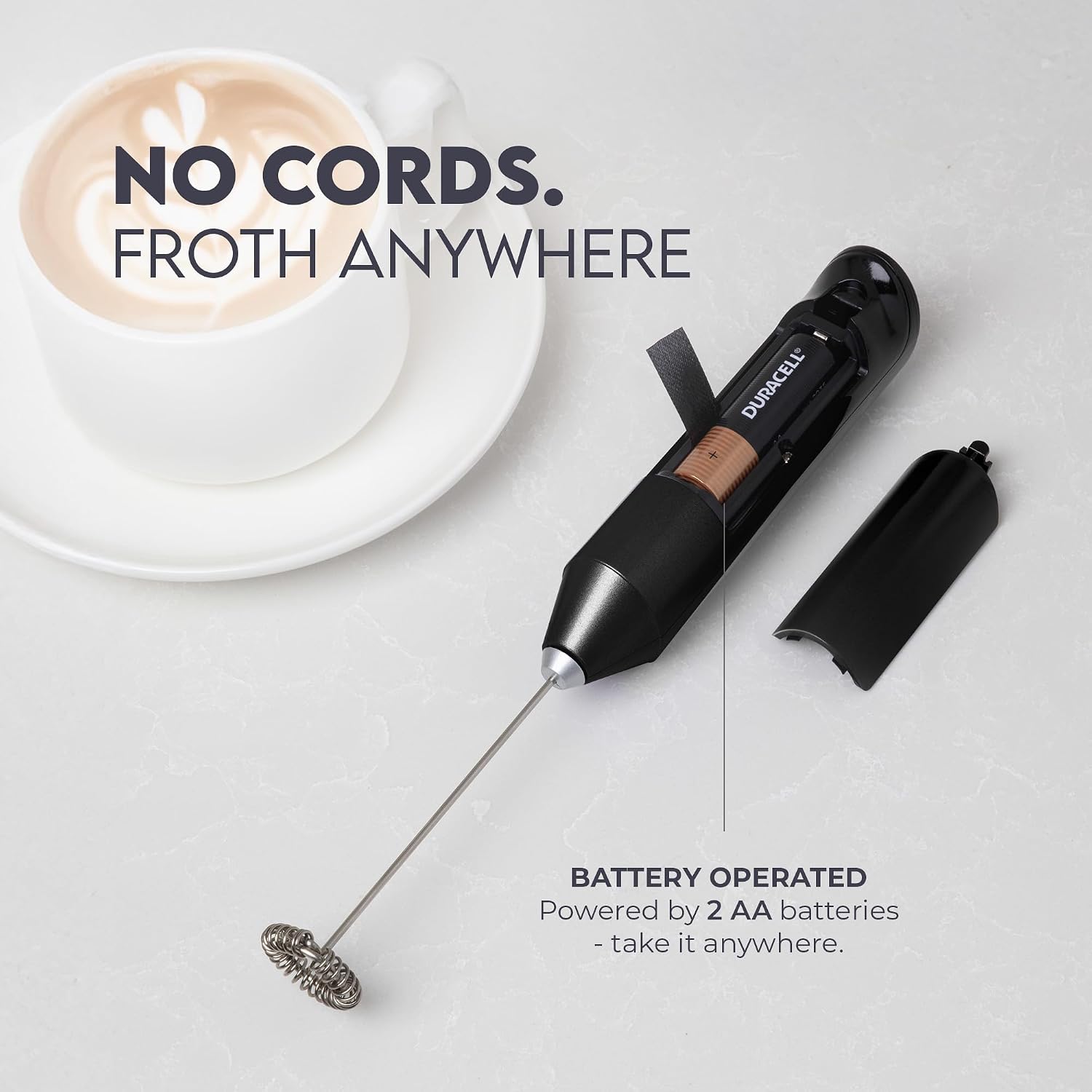 Powerful Milk Frother Wand - Handheld Stainless Steel - Battery Operated Drink Mixer for Coffee, Lattes, Cappuccino