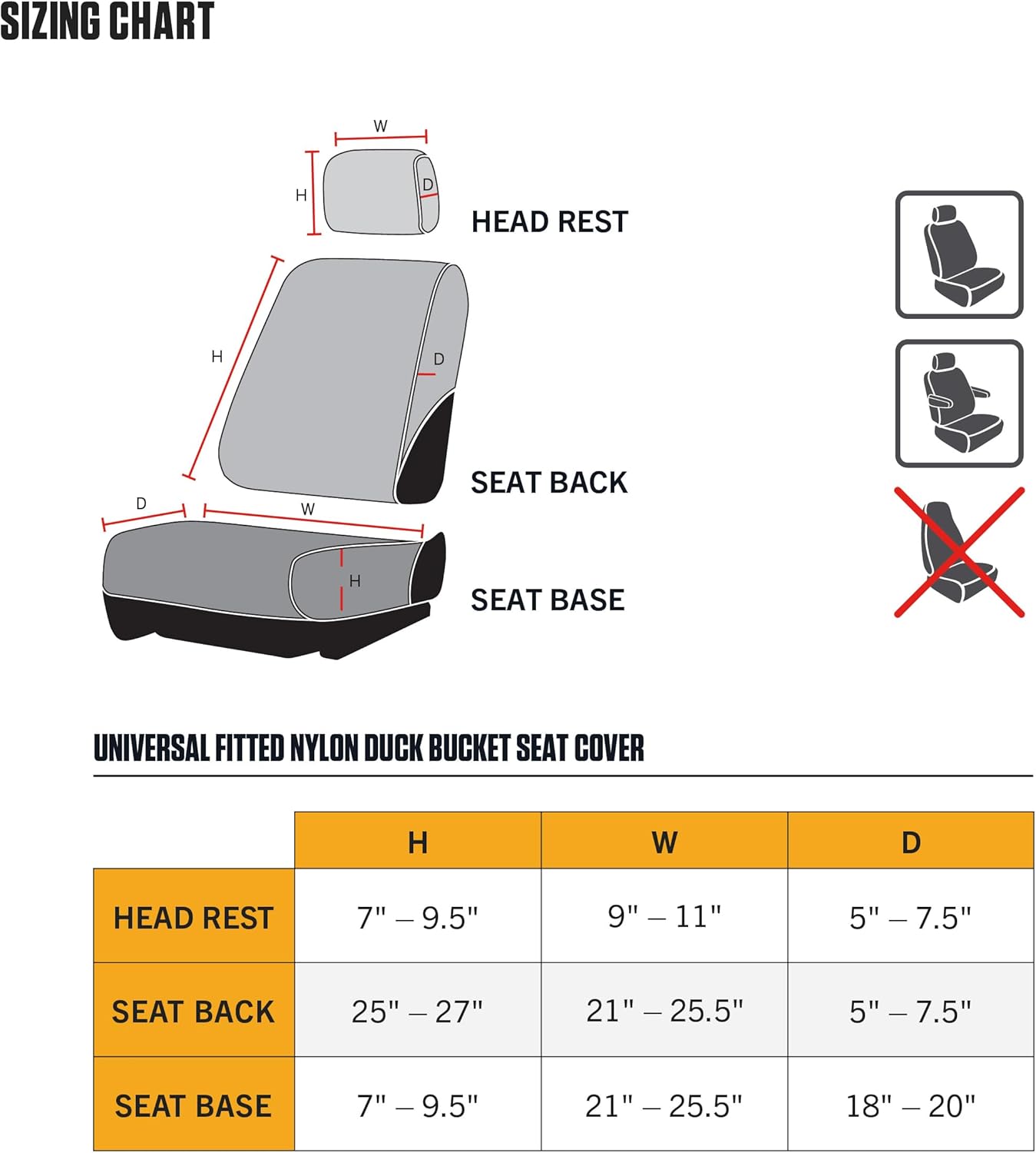 Universal Nylon Duck Canvas Fitted Bucket Seat Cover, Durable Seat Protection with Rain Defender, Single, Black