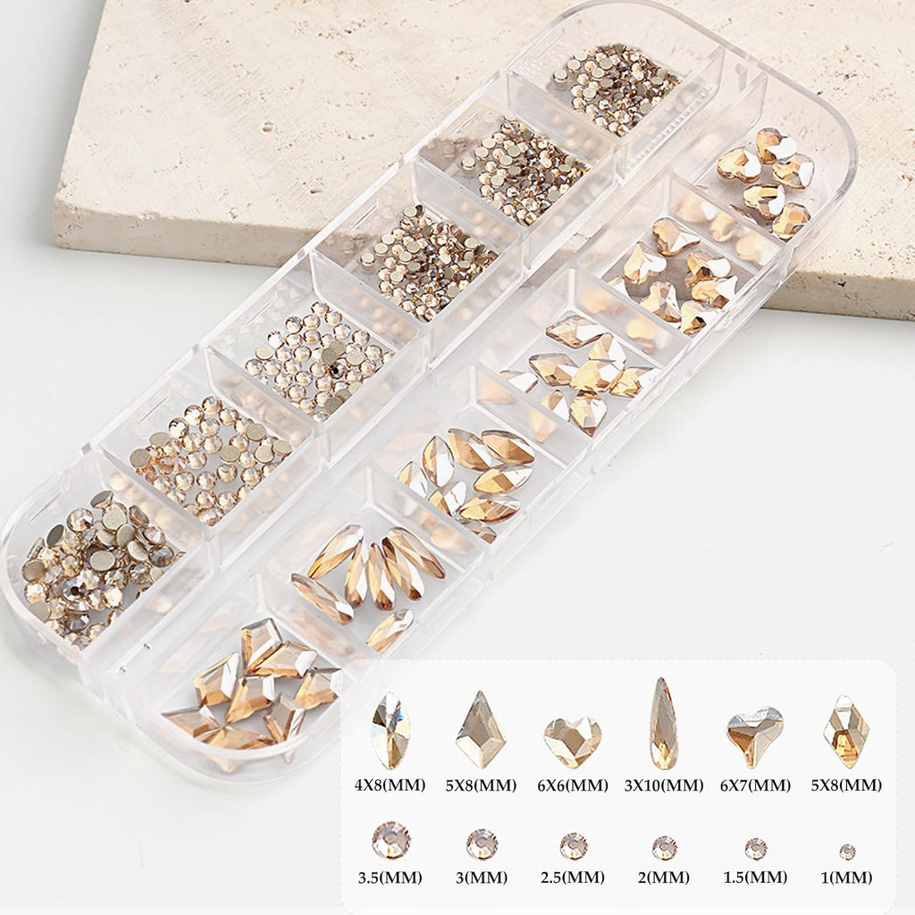 12-Shape Champagne Gold Rhinestone Kit for Nail Art