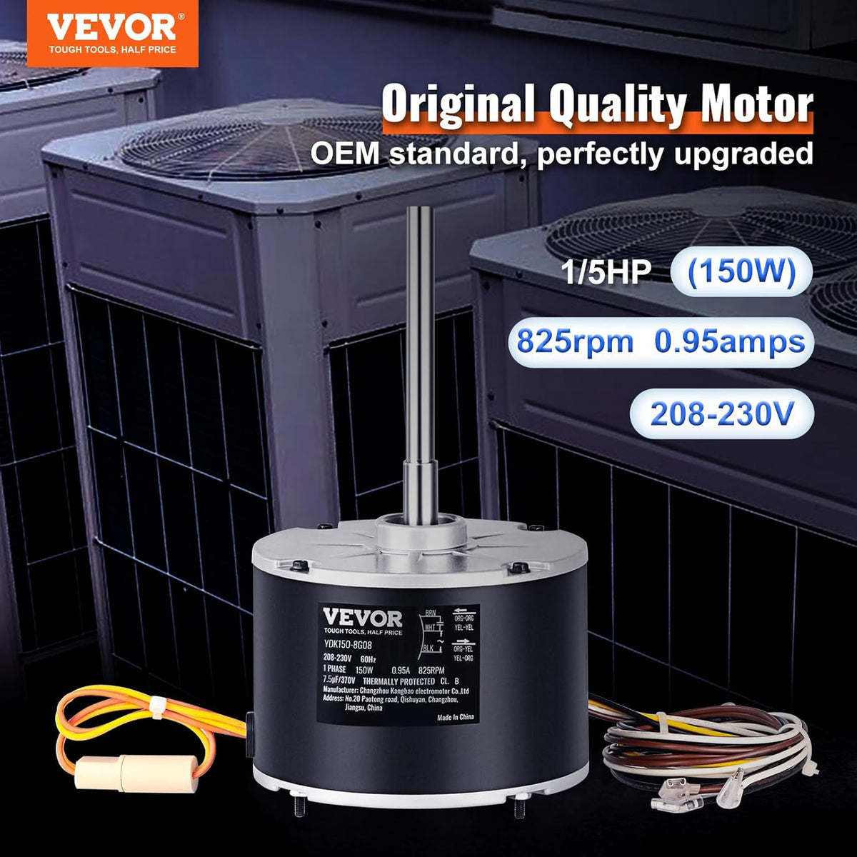 VEVOR OEM Upgraded Condenser Fan Motor, 1/5HP, 825RPM, Replacement for ac GE Genteq Carrier Bryant Payne Dayton, 5KCP39GFS166S, 3S003, Reversible Rotating + Capacitor