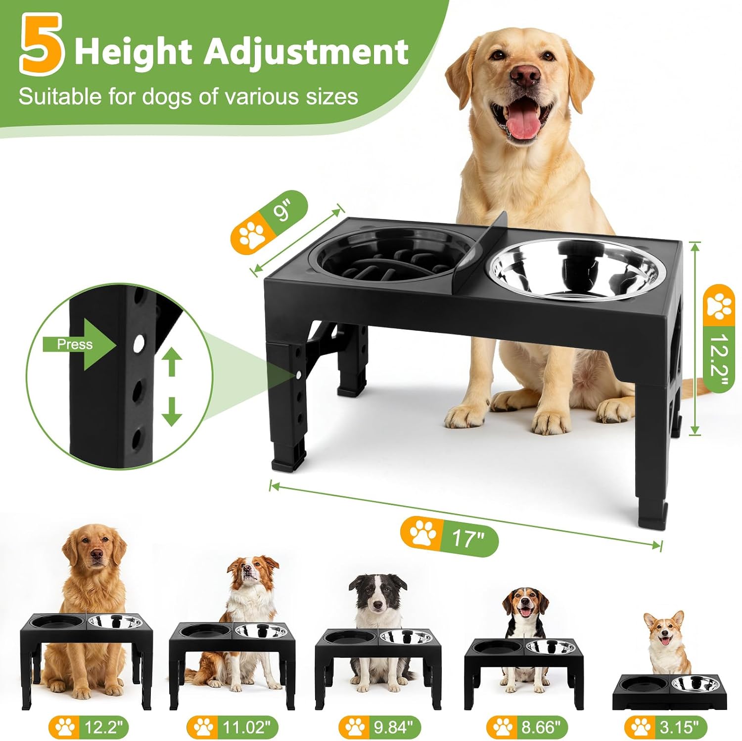 4-in-1 Dog Bowl Elevated Stand with Slow Feeder & Spill-Proof Water Bowl, 5-Height Adjustable Raised Dog Bowl for