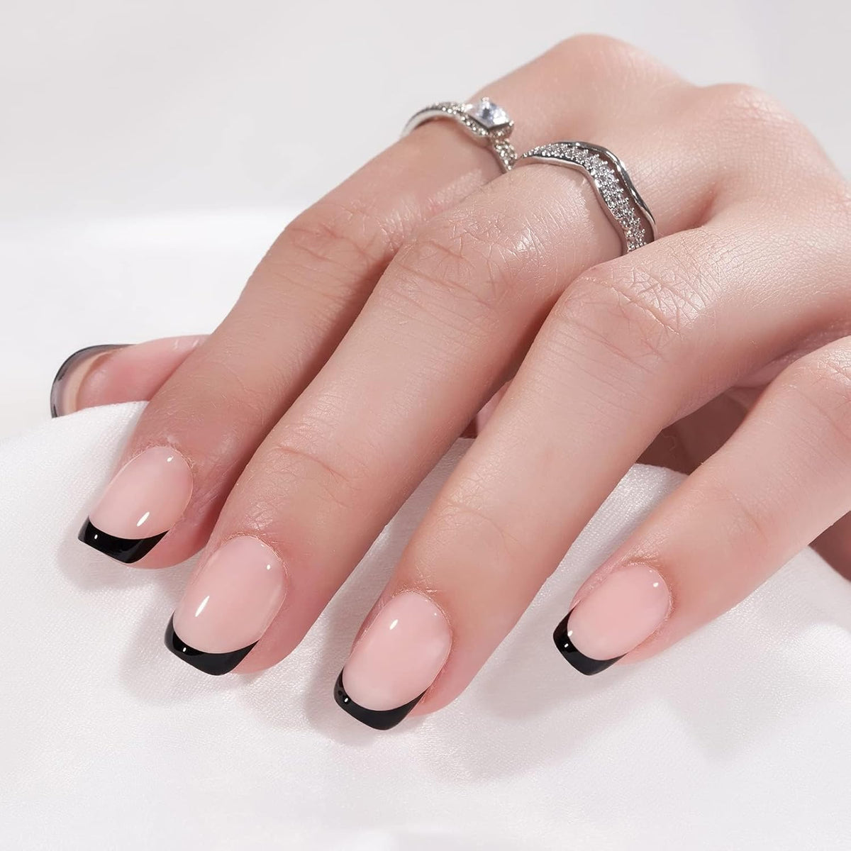 Press On Nails, French Tip Short Square Nails, 32Pcs Full Kit