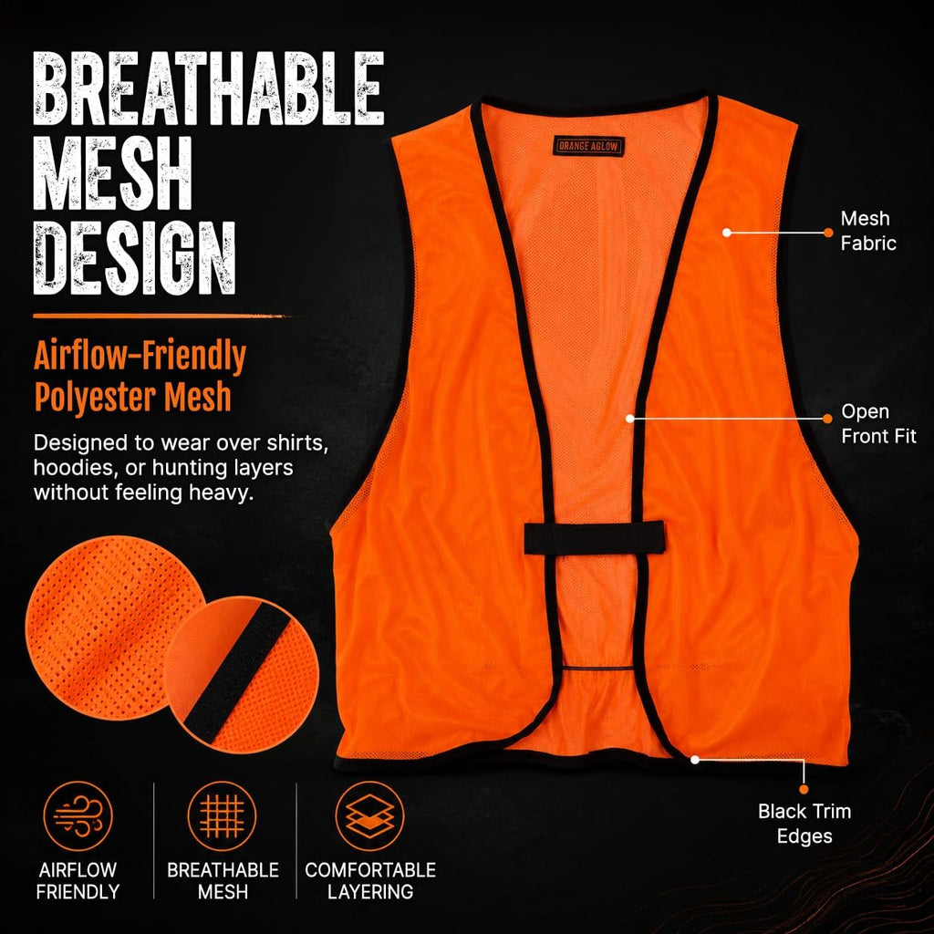 Lightweight Mesh Blaze Orange Hunting Safety Vest - Ultralightweight & Breathable, Visible Day & Night