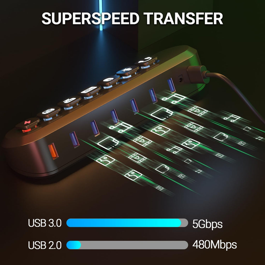 Powered USB Hub, atolla 7-Port USB 3.0 hub (6 Superspeed Transfer Ports+ 1 Fast Charging Port) with Swappable