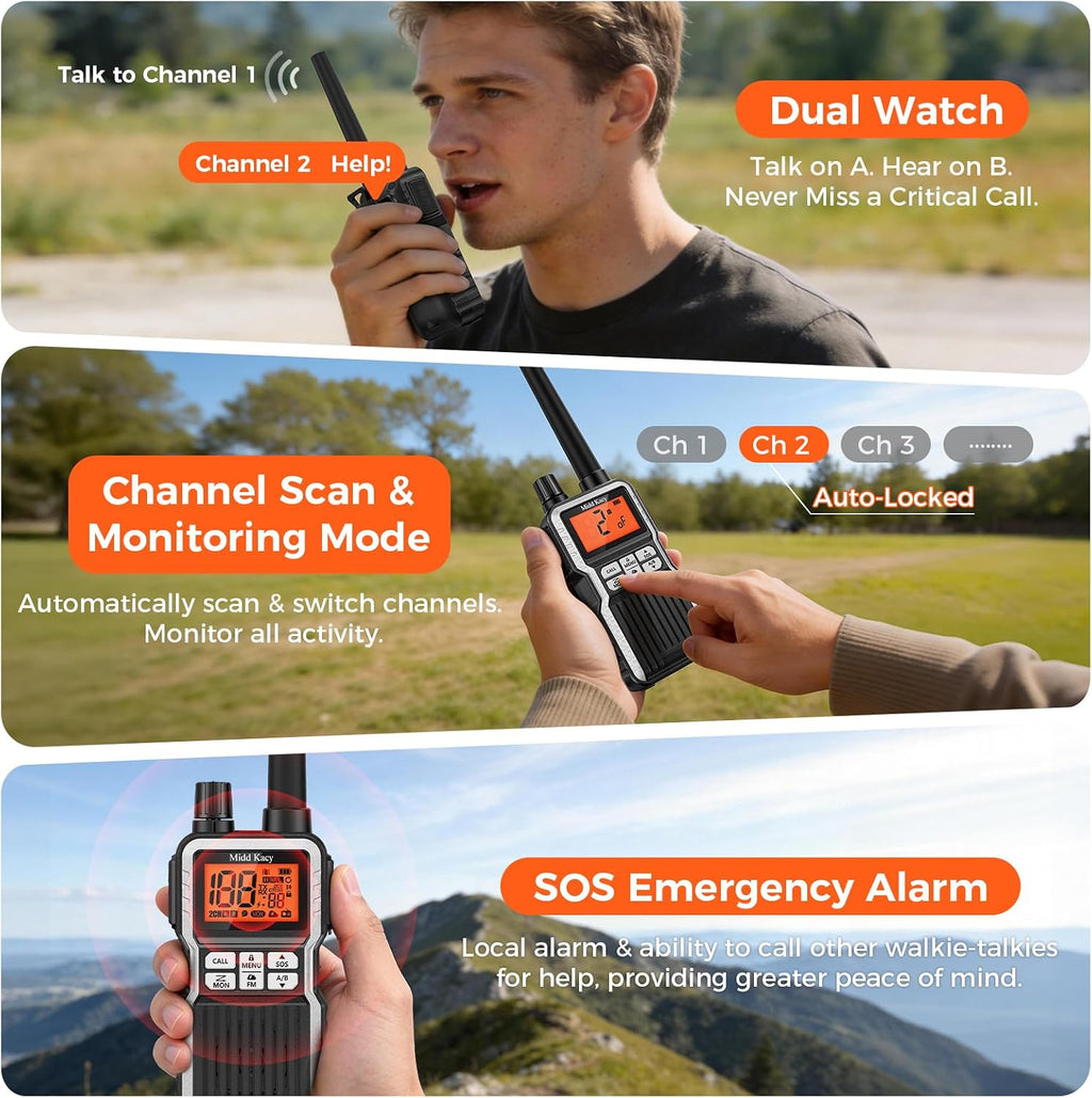 Midd Kacy MK108 Walkie Talkies Long Range, GMRS 2 Way Radio (2 Pack) | 60 Channel, 121 Privacy Codes, Waterproof