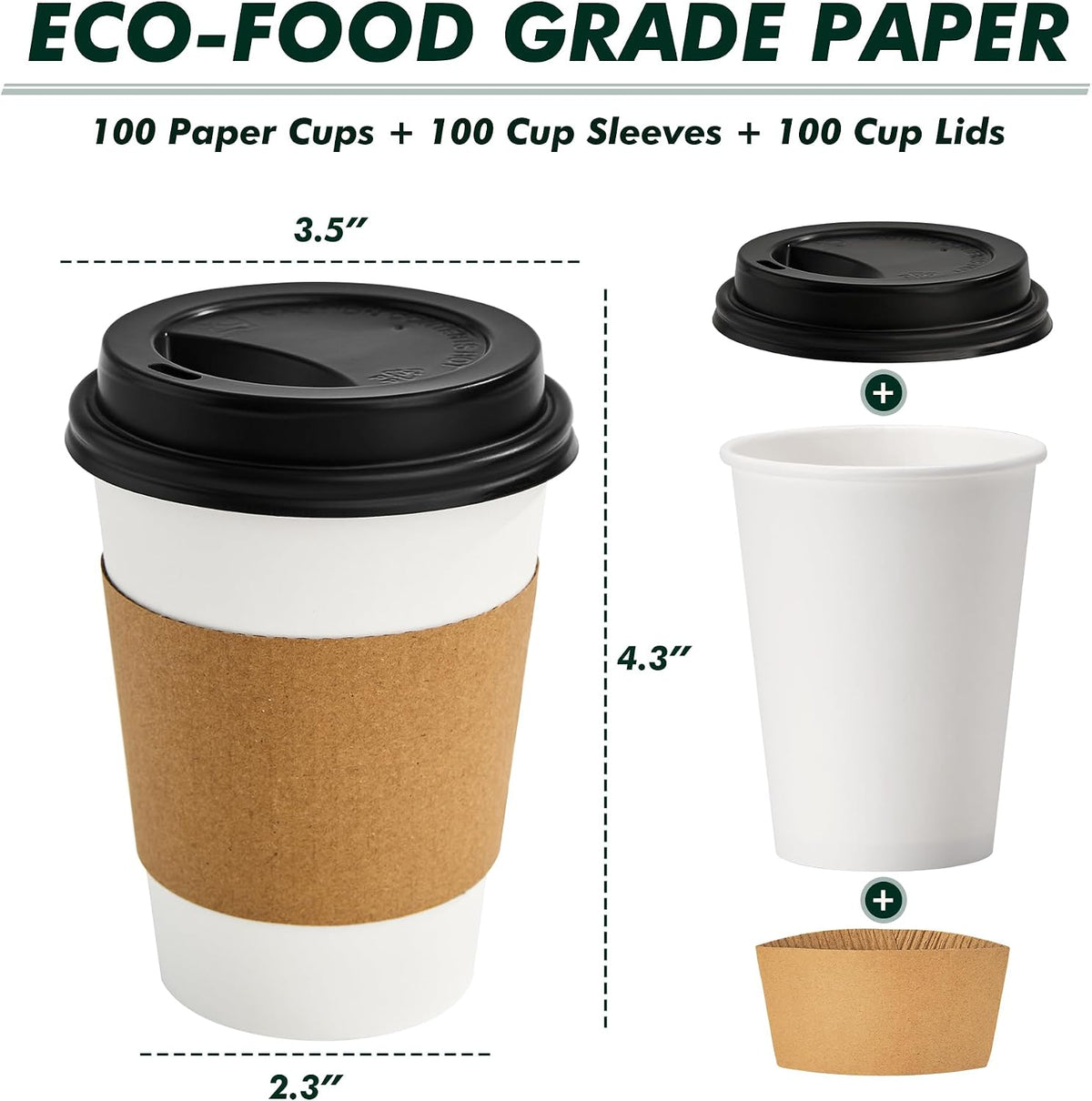 12 oz Coffee Cups with Lids and Sleeves 100 Pack, White